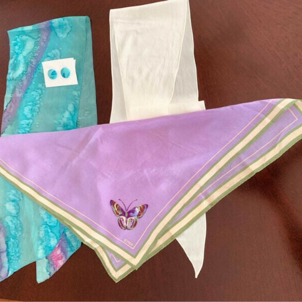 Silk Scarves Scarf ECHO 1 with Matching Earrings 1 Artisan Dyed Vintage Lot